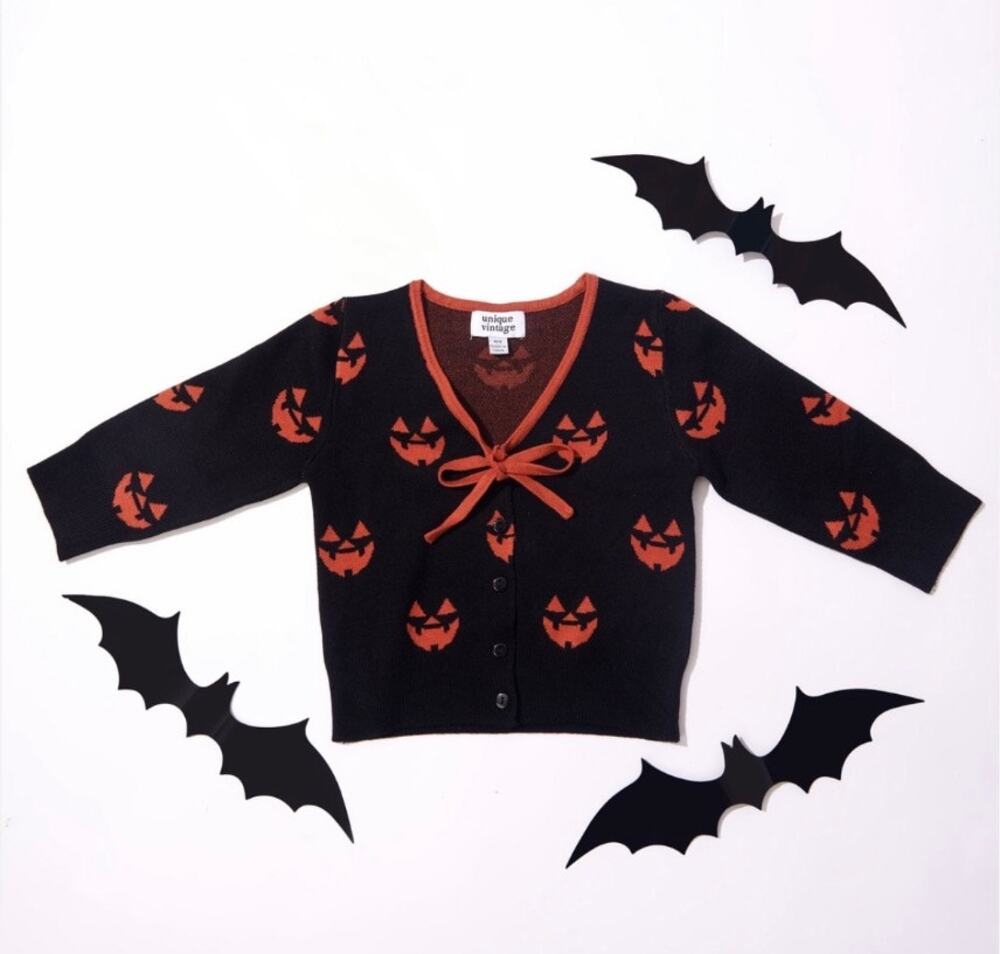 Unique Vintage Black Jack O Lantern Pumpkin Kids Crop Cardigan One Size NWOT